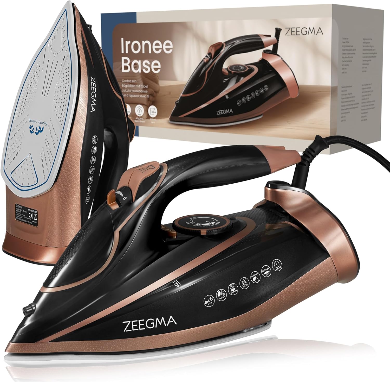 ZEEGMA IRONEE Cordless and Wired Iron with Ceramic Coating 2600 W, Horizontal and Vertical Ironing Tank 320 ml Self-Cleaning Anti-Drip and Anti-Limescale Ironing