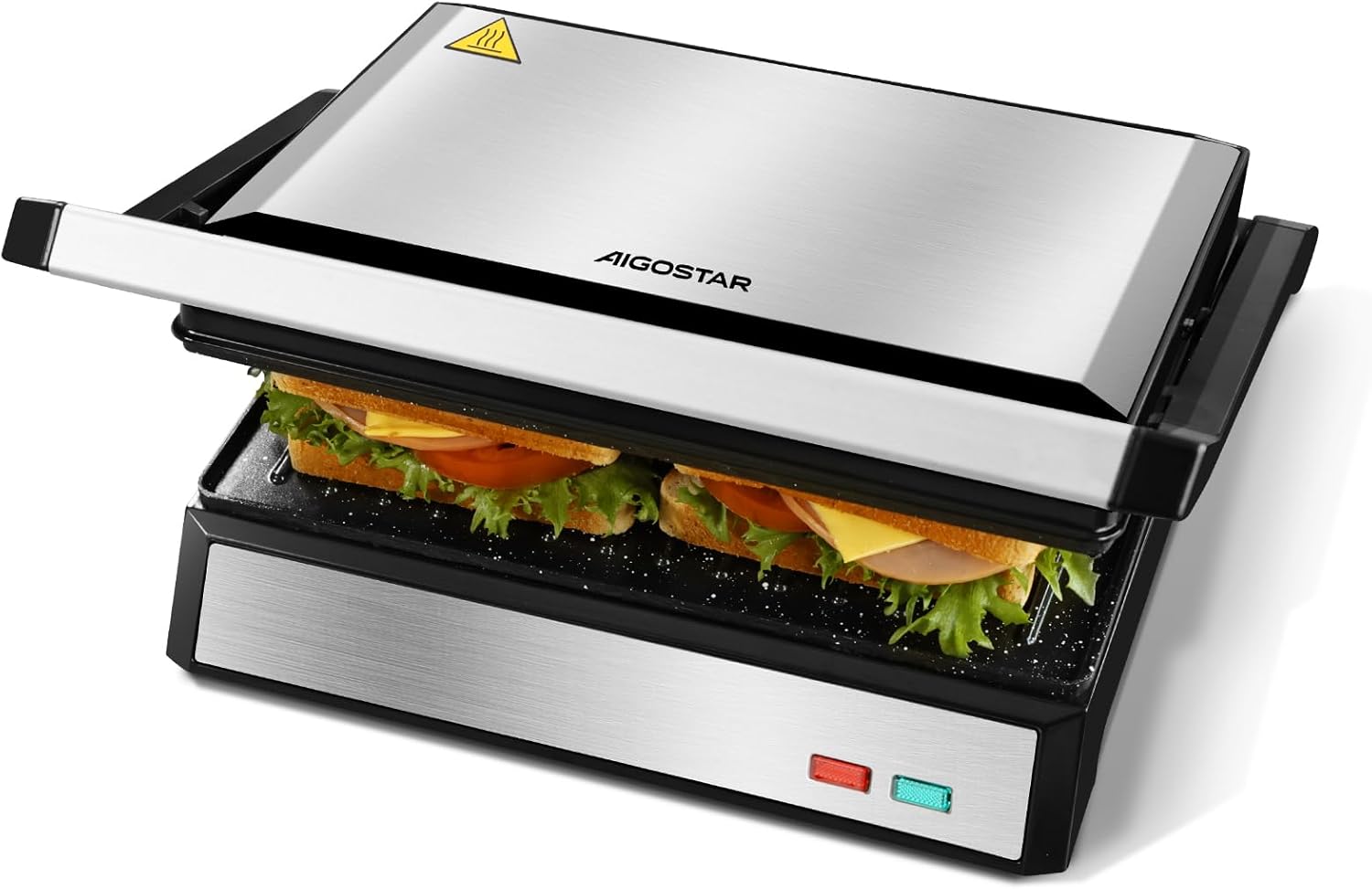 Aigostar Hett pro - Panini Maker/Tostapane Piastra, Rivestimento Antiaderente Eco Stone, Vassoio Raccogli Grasso, Pressa a sandwich, Bistecchiera Elettrica, 1500 Watt, Apertura a 180o.