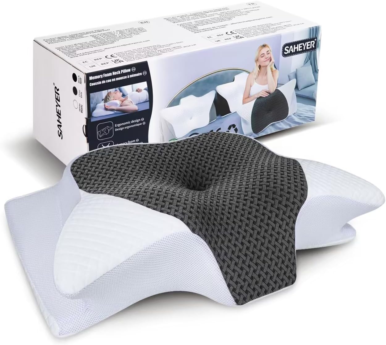 SAHEYER Cuscino cervicale, mal di collo, cuscino cervicale, per alleviare spalle e collo, cuscino ortopedico per schiena e chi dorme sul fianco, cuscino in memory foam con federa
