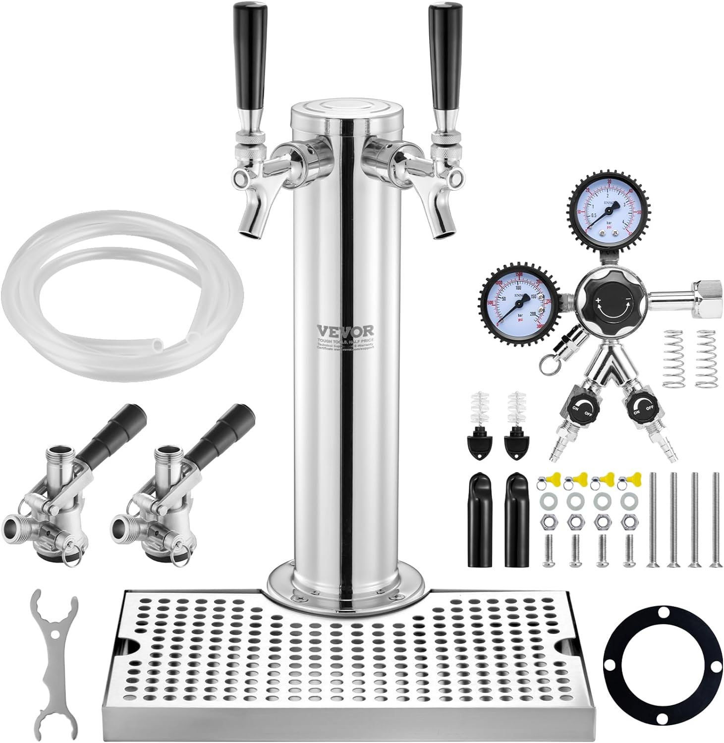 VEVOR Kit Spillatore per Birra a Doppio Rubinetto, Dispenser Torre Birra per Fusti in Acciaio Inox con Regolatore W21.8 Doppio Manometro Accoppiatore Fusti S-System, Vassoio Gocciolamento