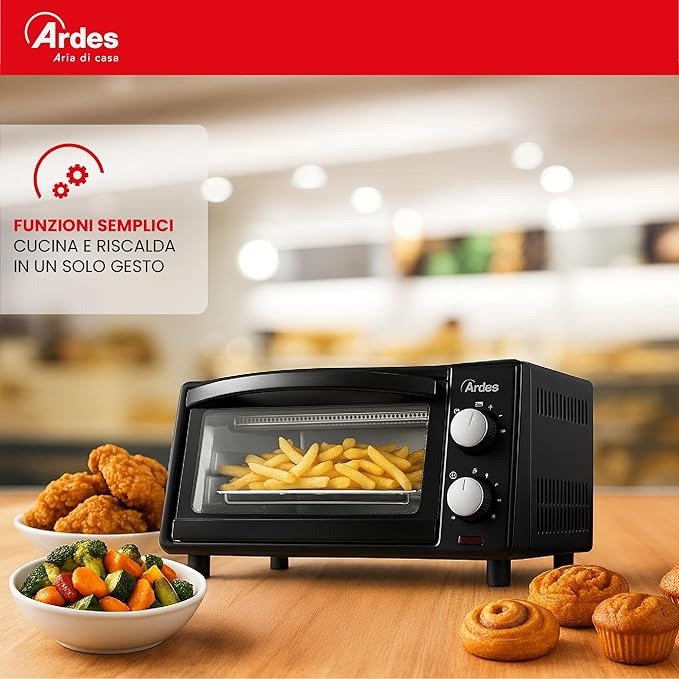 Ardes Gustavo Dark AR6211B - Fornetto Elettrico 10 litri - Forno elettrico con temperatura regolabile 100-230°C, timer 60' con spegnimento automatico, Doppio Vetro, Leccarda e Griglia Incluse