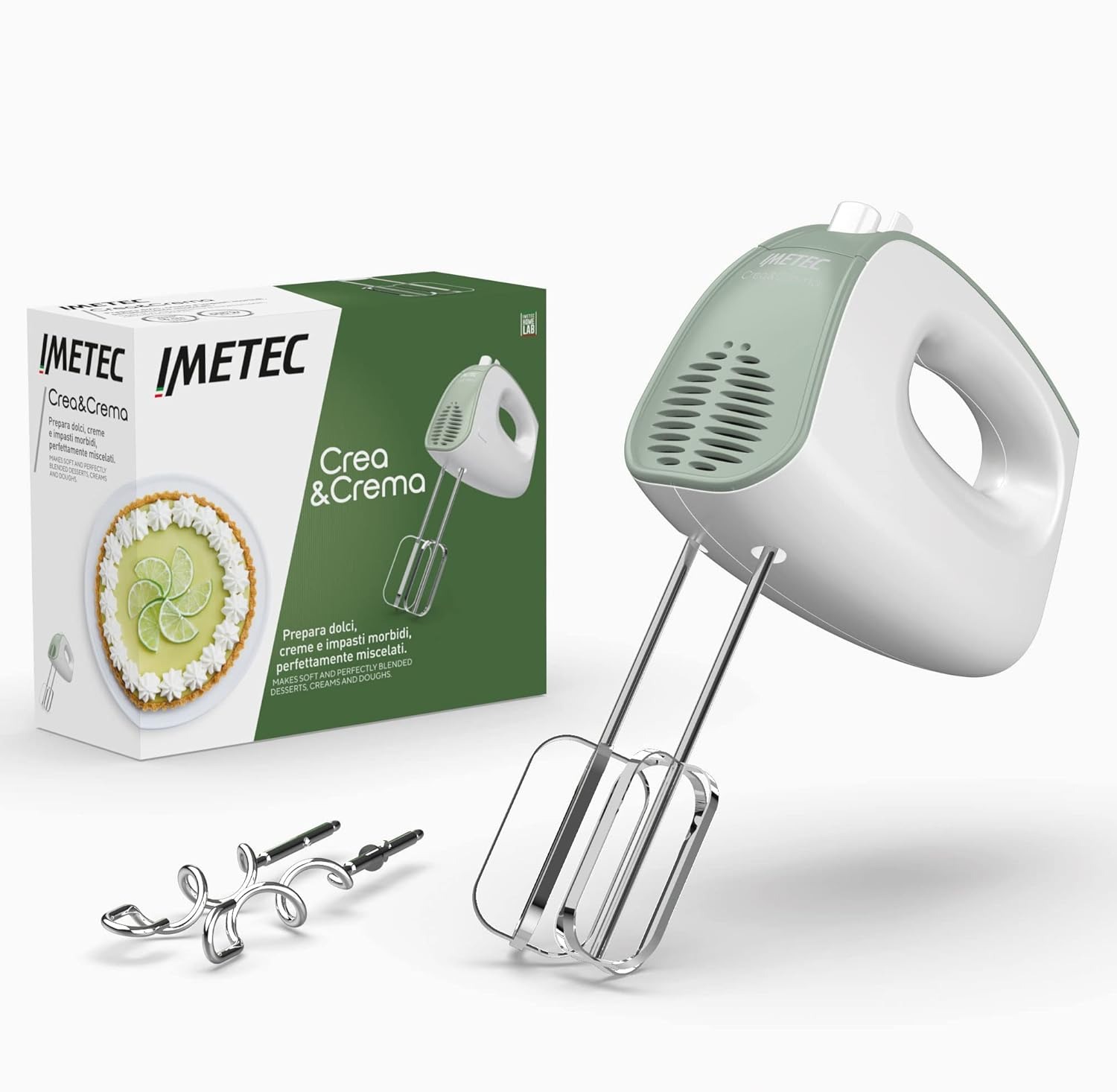 Imetec Crea&Crema sbattitore elettrico, Fruste extralunghe per impasti dolci e panna montata, Ganci acciaio inox per impastare, 5 velocità, Funzione turbo, Design ergonomico, 500 w