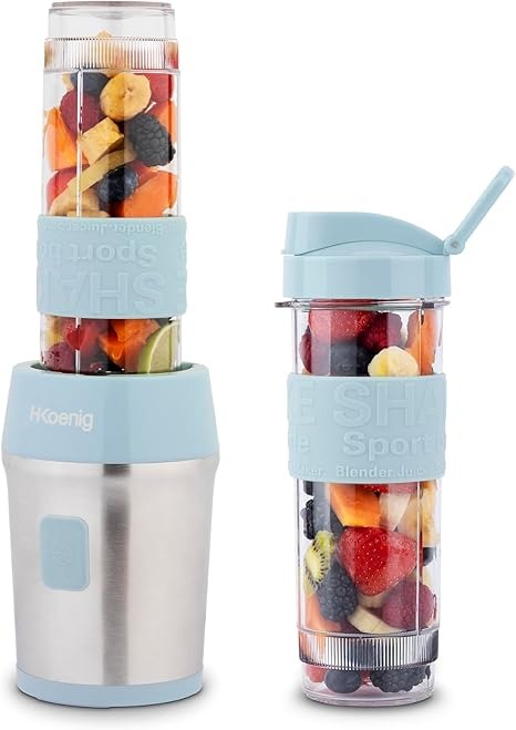 H.Koenig Mini Frullatore per SMOOTHIE Compatto 570mL SMOO16 Senza BPA Potente 300W, Frullatore per smoothie e frullati 2 Bottiglie Portatili con coperchio, 4 Lame in acciaio Inox, Blu pastello