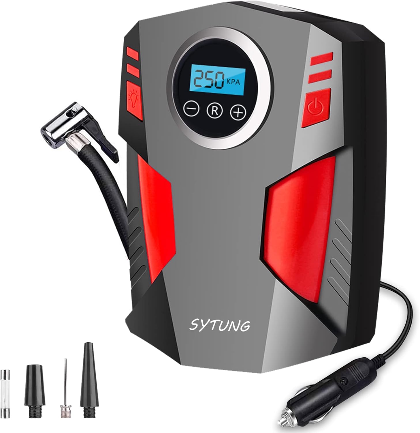 SYTUNG Compressore Aria Portatile, Compressore Aria Portatile Auto con 3 Adattatori per Ugelli e Luci LED Digitali per Pneumatici per Auto e Altri Prodotti Gonfiabili