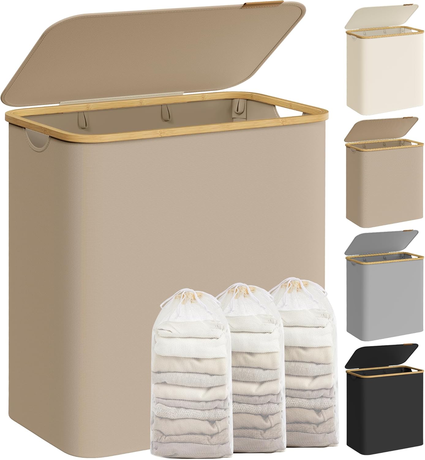 SONGMICS LCB506W01 Laundry Basket with Lid, 65L Space-Saving, Removable Bag, Oxford Fabric, Bamboo Handles, Foldable, 42 x 22.5 x 70.5 cm, Cream White