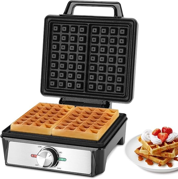 Aigostar Waffle Maker per 2 Waffle Belgi, 1600W, Piastre Antiaderenti 20,2 x 17,2 x 2 cm, Piastra per Waffle con Temperatura Regolabile, Indicatore LED, Design Compatto in Acciaio Inox, Senza BPA
