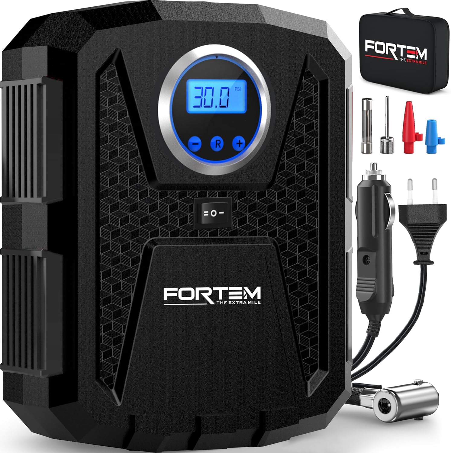 FORTEM Compressore Aria Portatile per Pneumatici, Bicicletta, 12V con Luce a LED, Manometro Digitale, con Gonfiaggio/Spegnimento Automatico, con Custodia (Rosso)