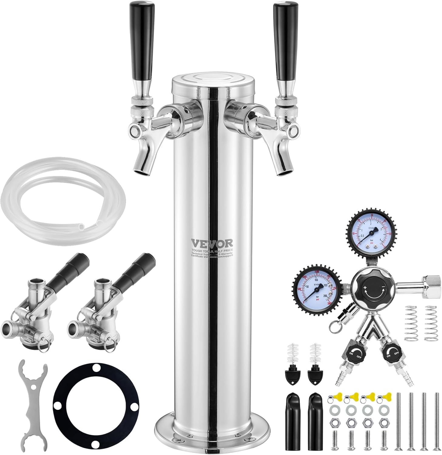 VEVOR Kit Spillatore per Birra a Doppio Rubinetto, Dispenser Torre Birra per Fusti in Acciaio Inox con Regolatore W21.8 Doppio Manometro Accoppiatore Fusti S-System, Vassoio Gocciolamento