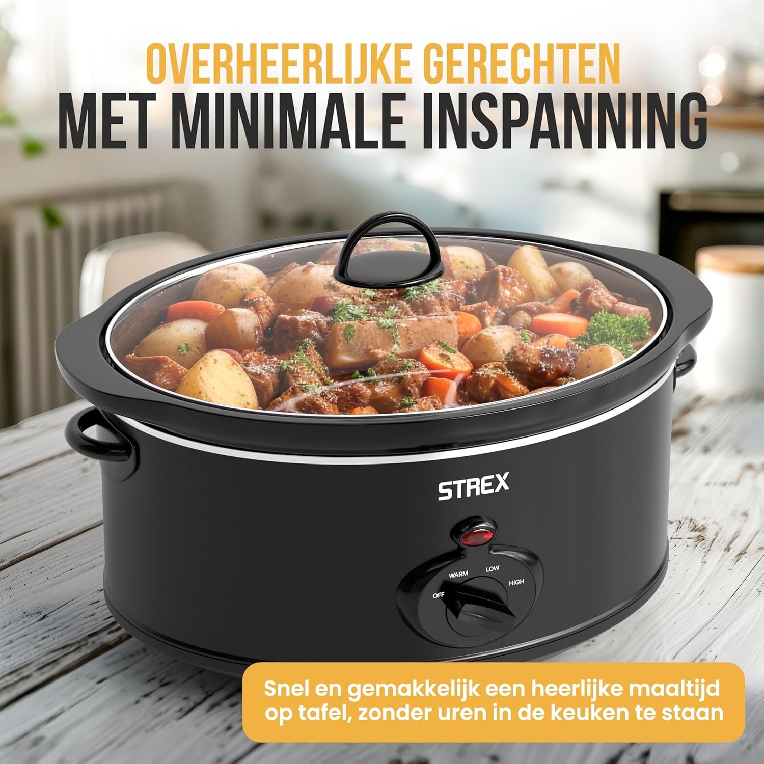 Strex Pentola a cottura lenta 6,5 L - Pentola interna in ceramica rimovibile - Funzione di mantenimento in caldo - Slow Cooker - Nero