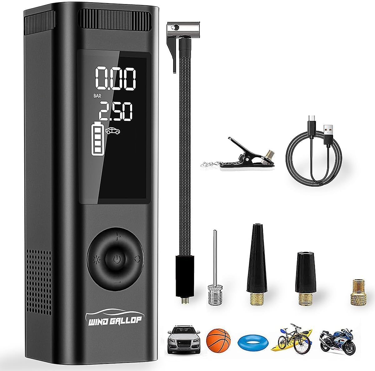 WindGallop Mini Compressore Aria Portatile Auto Compressore 12V Professionale Gonfiatore Digitale per Pneumatici per Auto Pompa Aria Auto con Manometro per Pneumatici e Adattatori per Valvole (Blu)