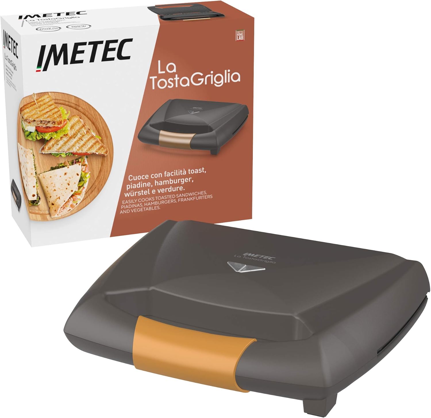 Imetec Toaster & Grid, Electric Toaster, XL Plates Striped and Non-stick for Preparing 3 Toasts at a Time, Compact, Storable Vertical, Operating Lights, Hook Closure, Cable Reel, 800 W