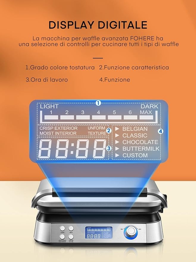 Piastra per Waffle Belga 1600 W, Smart Doppia Waffle pro con Display LED, 5 Programmi Diversi, 7 Temperatura Regolabile, Macchina per Waffle Elettrica Antiaderente (D'argento) [Classe di efficienza energetica A+++]