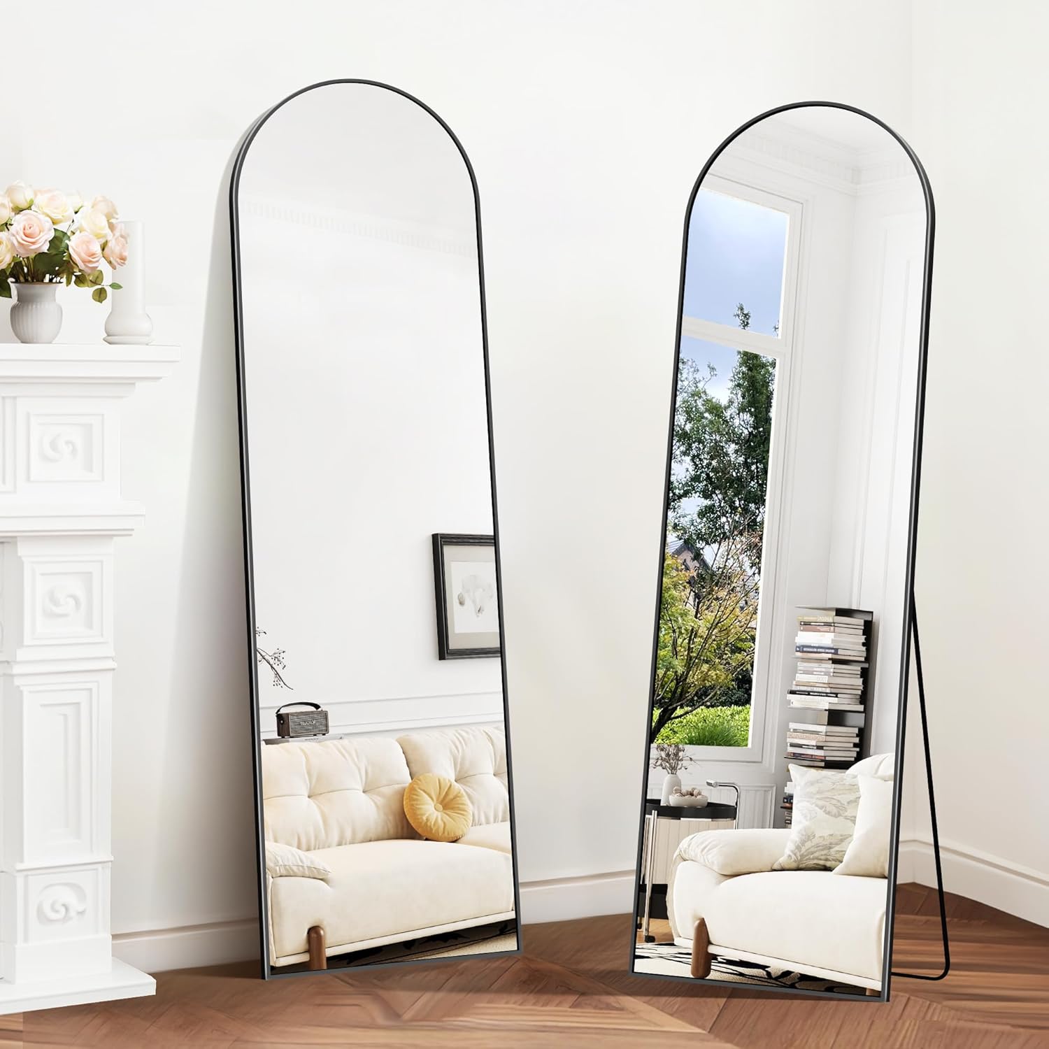 BONEWEI Specchio da Terra ad Arco, 150 x 40 cm Specchio da Parete Grande con Cornice in Nero Alluminio, Specchio da Terra da Appoggiare o Appendere per Soggiorno, Camera da Letto, Ingresso