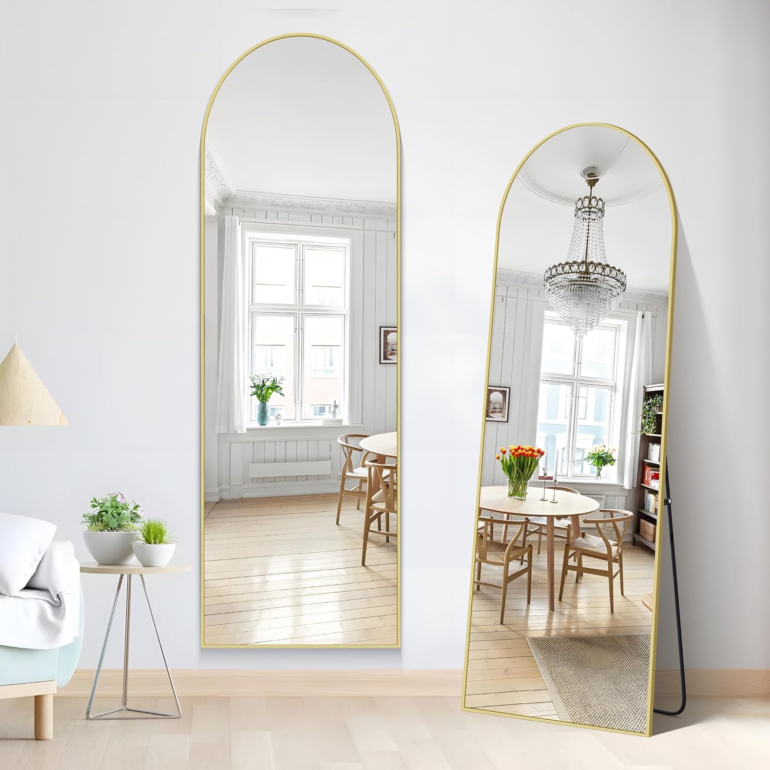 NIMURY Specchio da Terra, 161 x 52 cm Specchio ad Arco con Cornice in Alluminio Oro per Bagno, Camera da Letto, Ingresso e Corridoio