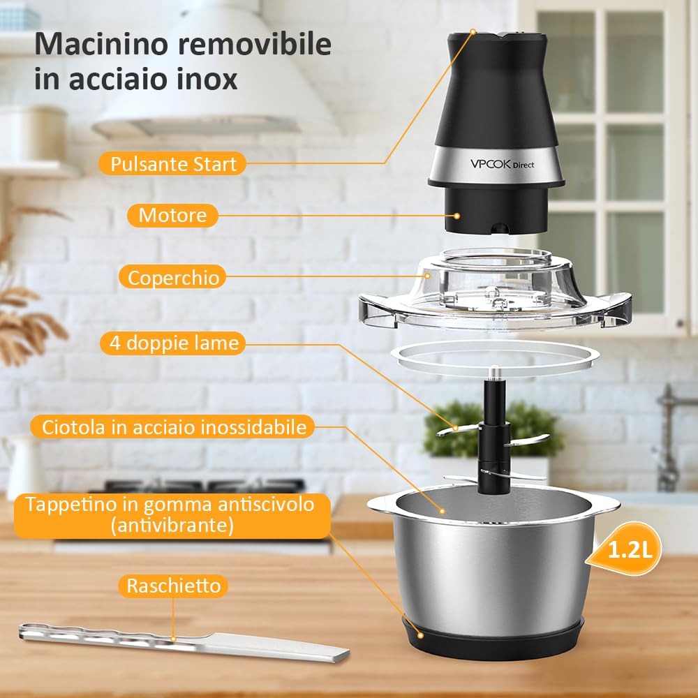Frullatore Tritatutto Impastatrici Mixer da Cucina Elettrico Multifunzione con 4 Lame in Acciaio Inossidabile 1,2 L 400w