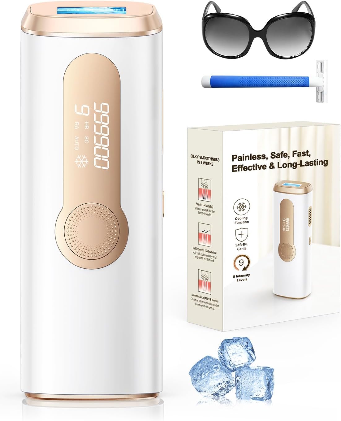 Haarlosy Epilatore Luce Pulsata con Ghiaccio, 3 IN 1 Epilatore Laser IPL per Donna e Uomo, 9 Livelli di Energia Regolabile Adatto a Corpo, Viso, Ascelle, Gambe Sensibili (Bianco)