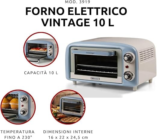 Ariete 3919 Forno Elettrico Vintage, 800W, Capacità 10L, Doppio vetro, Retrò, Verde