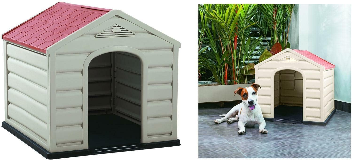 Happy House Dog Kennel in Plastic Resin Puppy Medium Size Medium 61 x 68 x 58 cm Beige with Red Roof