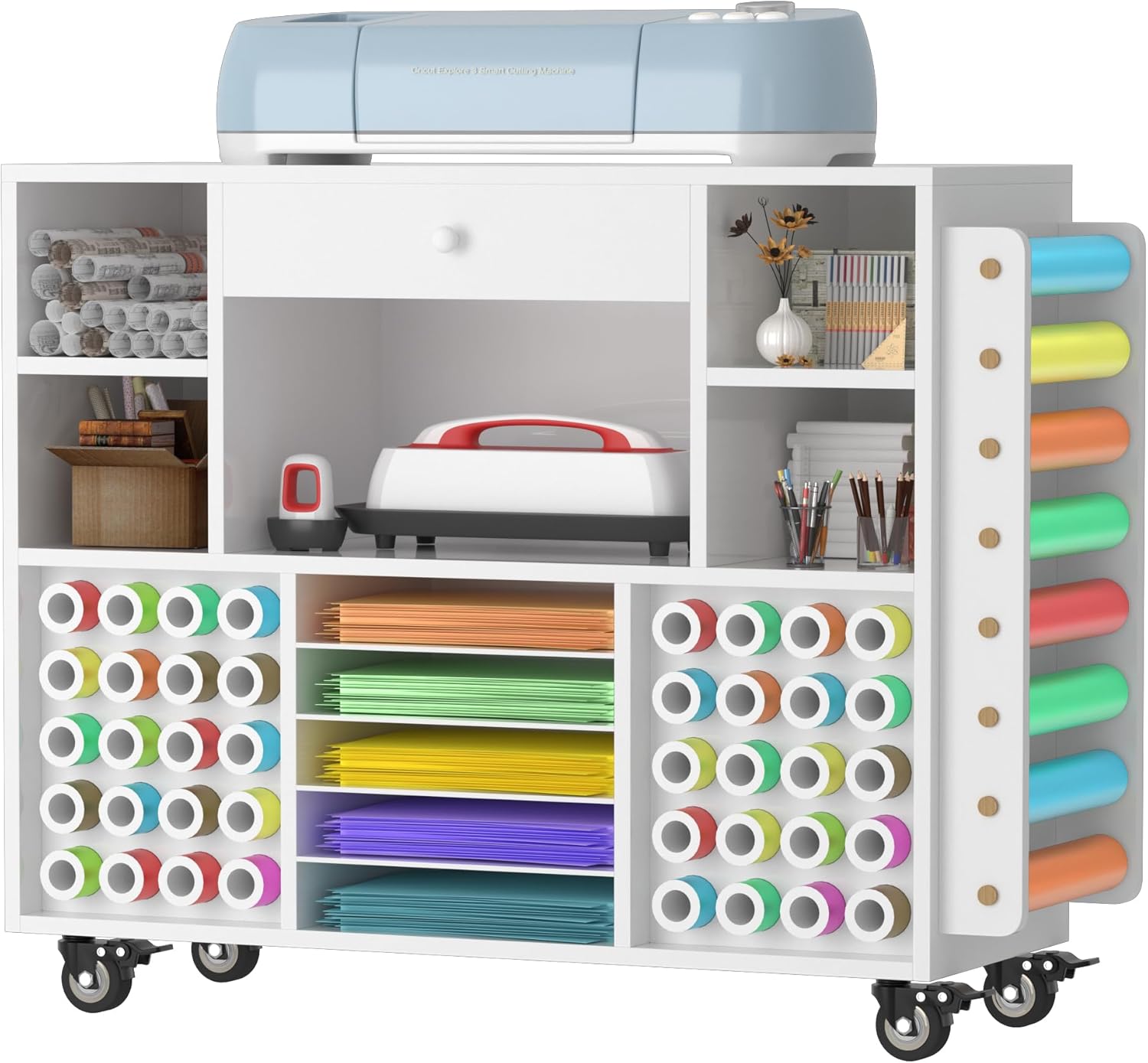 Carrello per organizzare e conservare oggetti artigianali compatibile con la macchina Cricut, organizer per oggetti artigianali su ruote con ampio cassetto e porta rotoli in vinile da 48 pezzi, postazione di lavoro per la stanza dei lavori artigianal