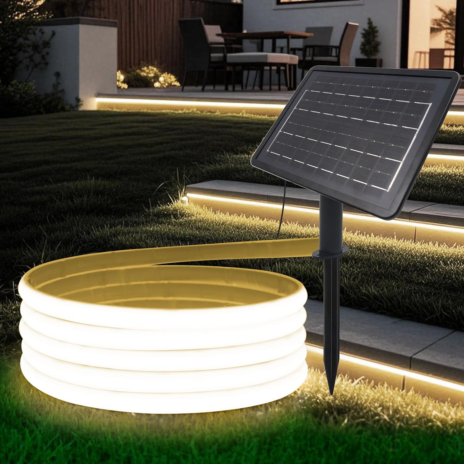 KISUFU 24V Solar Neon Light outdoor LED Strips, IP68 impermeabile 320 LEDs/m strisce LED con 1200mah 8 modalità solare con inserto di terra luce per casa giardino matrimonio festa di Natale.
