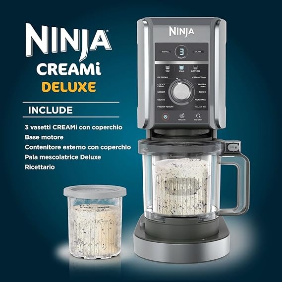 Ninja CREAMi Gelatiera Deluxe con 2 Vasetti, 10 Funzioni, Produce Gelato, Sorbetti, Yogurt, Frullati, Granite e altro ancora, Formato Famiglia, Opzione 2 Gusti in 1 Vaschetta, Argento, NC502EU