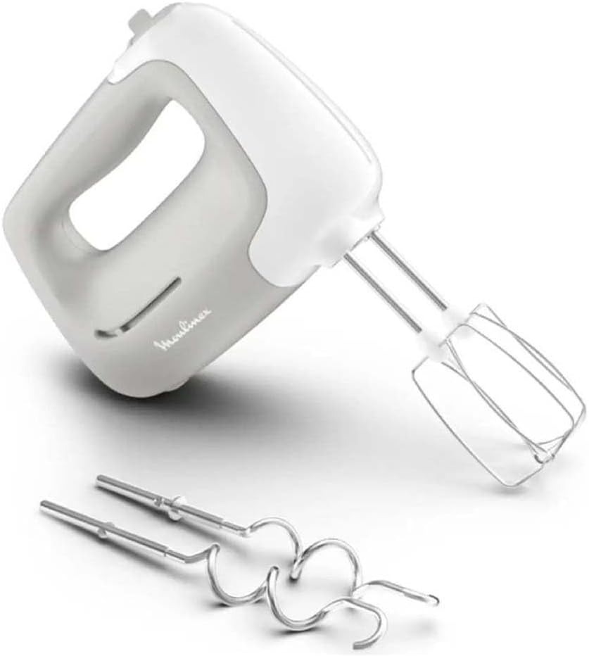 Moulinex HM450 PrepMix, Sbattitore Elettrico, Potenza di 450 W, 5 Velocità Regolabili e un Pulsante Turbo, 2 Lame in Acciaio Inox, 2 Ganci Impastatori, Utilizzo Confortevole, Bianco e Grigio [Classe di efficienza energetica A]