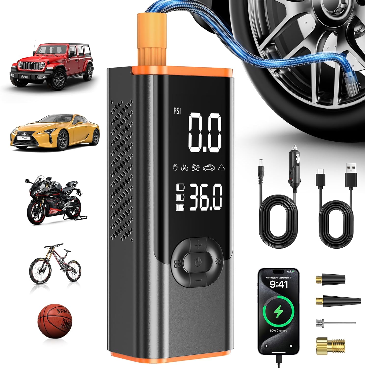 180 PSI Electric Air Pump, 8000mAh Rechargeable Portable Compressor with Pressure Gauge and Power Bank, Electric Air Compressor Battery 12V DC with LED for Car, Motorcycle, Bicycle Ball
