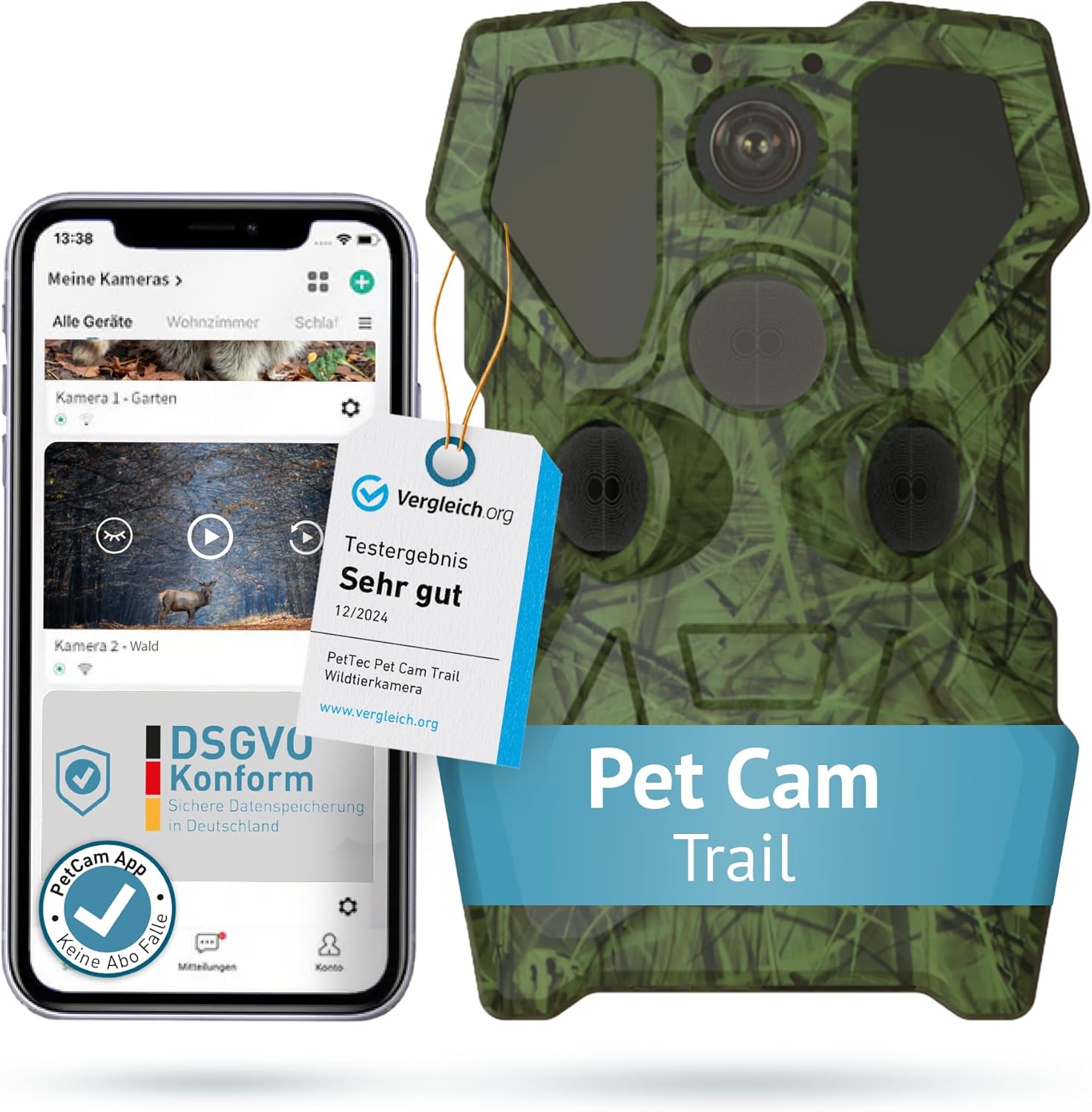 PetTec® Cam Lite - Telecamera per animali domestici Telecamera per cani con app [SENZA ABBONAMENTO] - Telecamera per gatti e cani a casa con rilevamento del movimento e funzione di visione notturna
