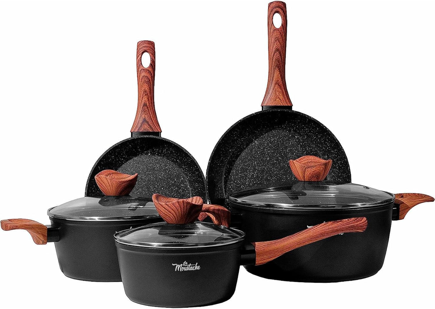 La Moustache - Set of 8 Saucepans - Induction Aluminium with Non-Stick, Set of 3 Saucepans Ø 16/20/24 cm, 3 Lids and 2 Frying Pans Ø 20/24 cm, Bakelite Handles (Callao)