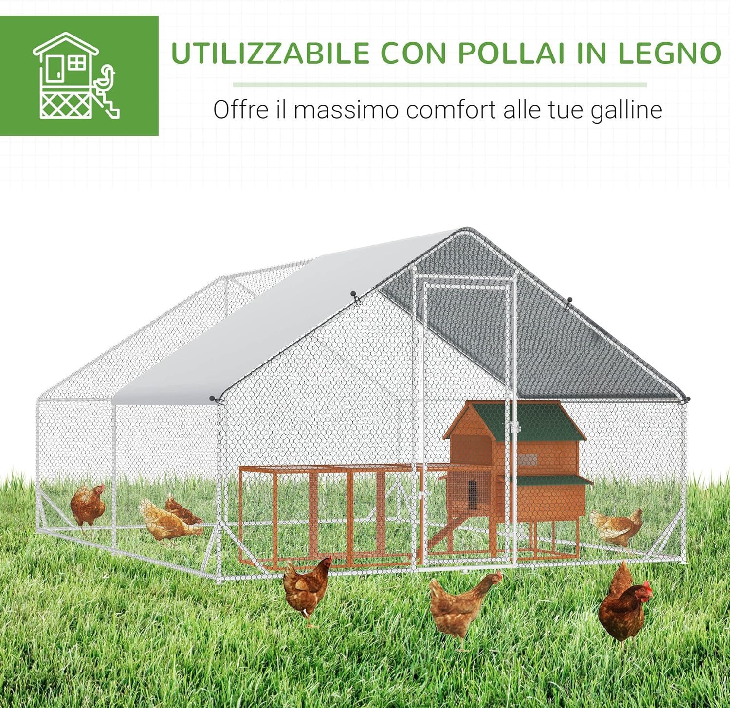 PawHut Pollaio da Esterno con Telaio Zincato e Rete Esagonale, Pollaio per Galline da Esterno con Copertura in Tessuto Impermeabile per 16-24 Polli, Anatre e Conigli, 3x8x2m