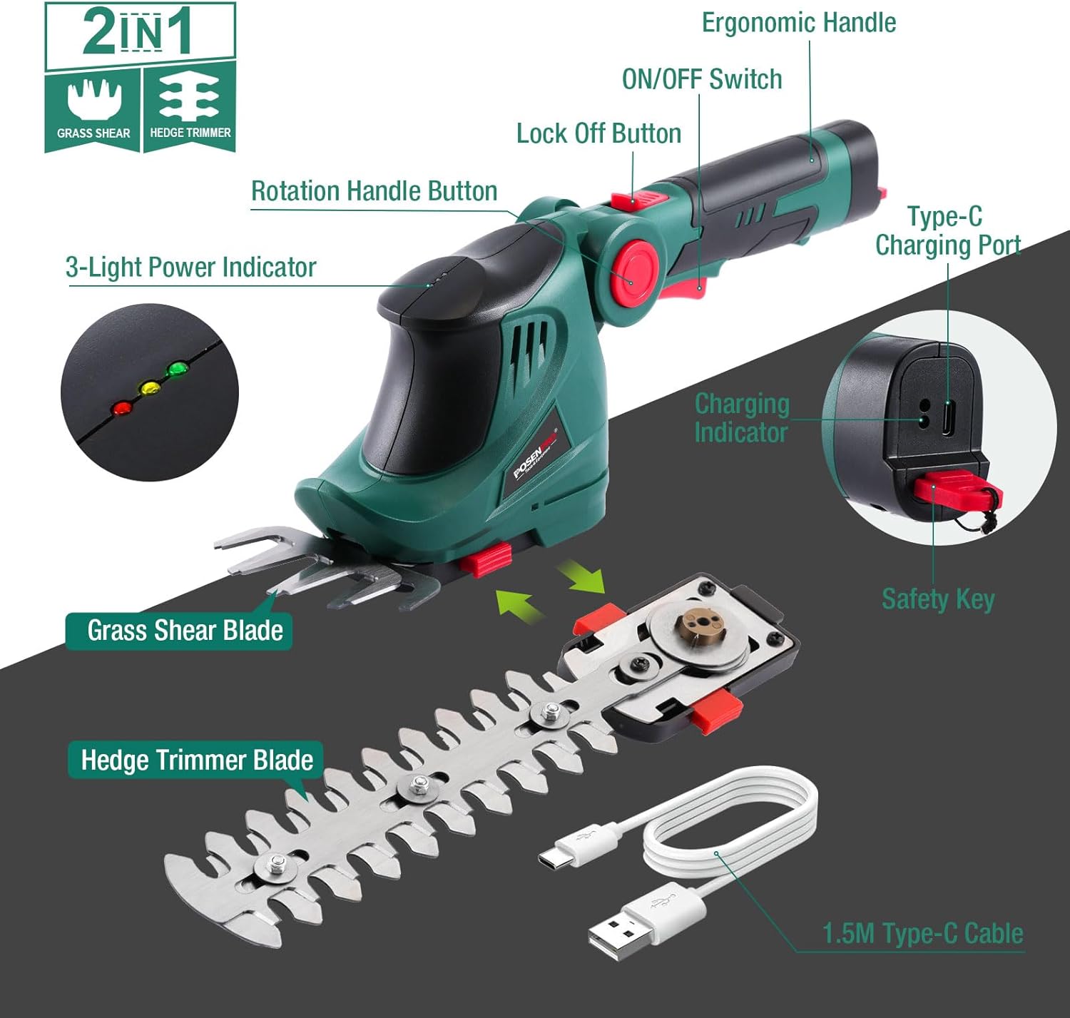 POSENPRO Cordless Grass Shears 7.2 V, 2 in 1 Cordless Lawn Mower and Hedge Trimmer, Cutting Width 10 000 mm / 18 000 mm, Electric Shear Suitable for the Garden