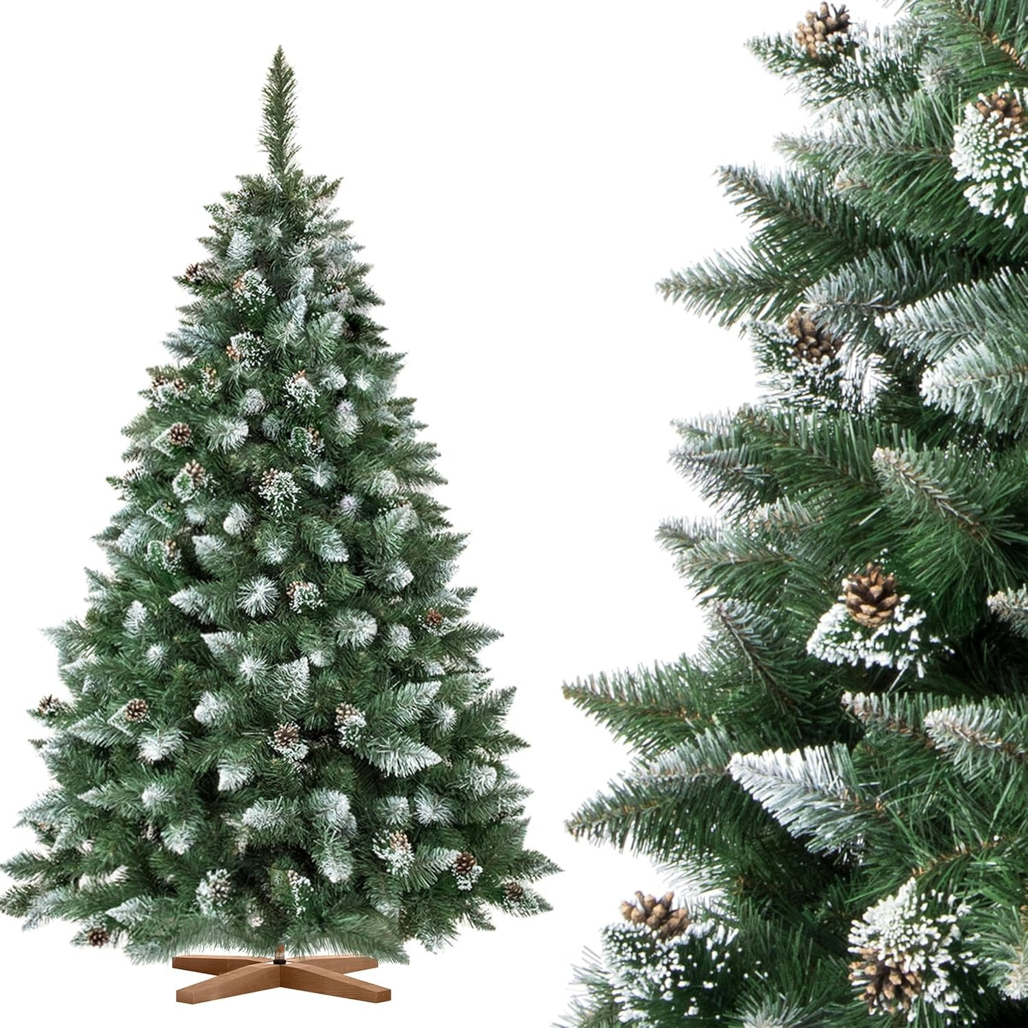 Albero di Natale artificiale FairyTrees 180cm pino naturale con supporto in legno | Abete di Natale con pigne naturali e punte bianche innevate | Facile da Montare | Prodotto in EU