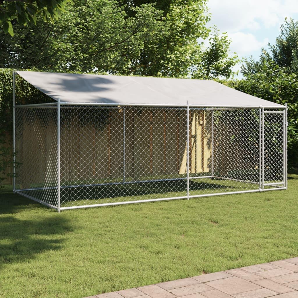 IKAYAA Outdoor Dog Enclosure Dog Cage with Roof and Doors Outdoor Dog Kennel Galvanised Steel 6 x 2 x 2 m