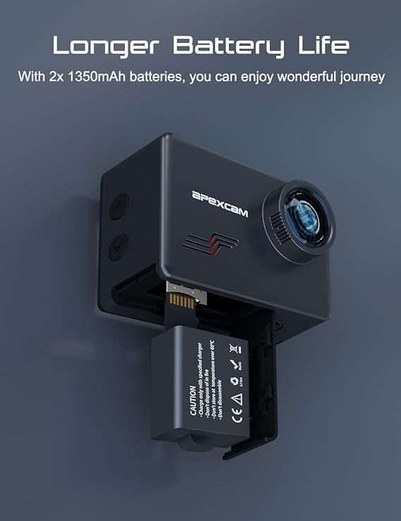 Apexcam M80 4K 60FPS 48MP Action Cam Con 128GB Scheda WIFI 40M Ultra HD Macchina Fotografica Subacquea Impermeabile Sport Camera 8X Zoom Pre-registrazione Wide Angle Con 2x1350 Batteria Kit Accessori