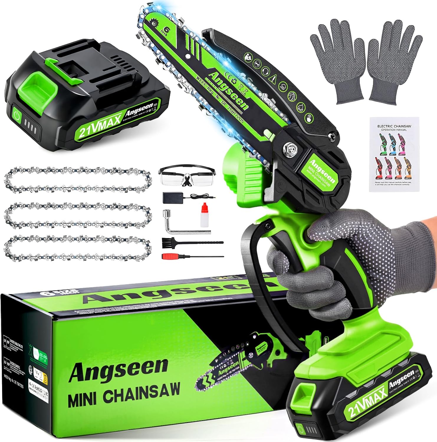 Angseen Mini Motosega a Batteria Per Potatura con 3 Catene, 850W 6 Pollici Sega a Batteria per Potatura con 1 Batterias e Blocco di Sicurezza, Motosega Elettrica Per il Taglio del Legno e Giardinaggio