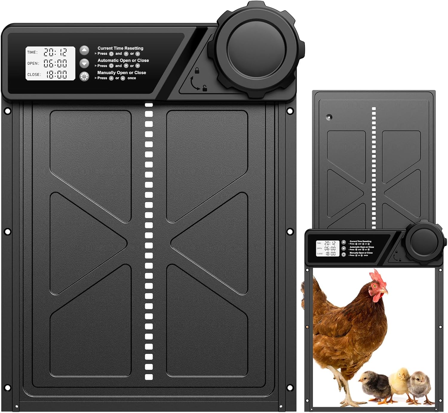 MASTERFUN Porta Automatica per Pollaio Grande con Display, Porta Automatica Pollaio Alluminio con Timer di Ritardata Serale e Mattutina, Porta Pollaio Automatica, Anti-Pizzicamento, Nero