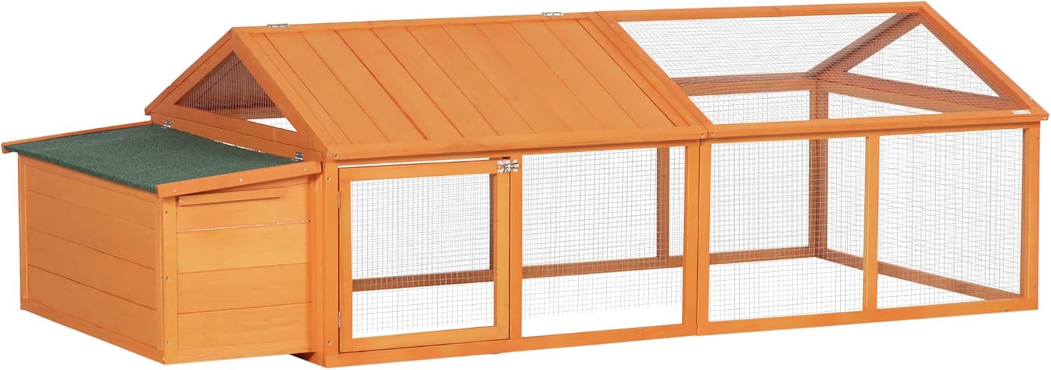 PawHut Chicken Coop for Outdoor Hens with Opening Roof and Nest Area, Chicken Coop in Spruce Wood with Metal Mesh and Large Door, for 4-8 Hens, 240 x 112.5 x 76 cm, Orange