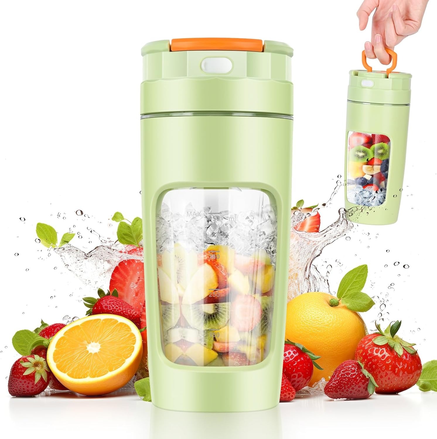 600 ml Leggero Frullatore Portatile, Mini Frullatore Portatile Elettrico, frullatore personale con 4 coltelli in acciaio inox, Ricaricabile, per Frullati, Trita Ghiaccio e Frutta Congelata (Verde)
