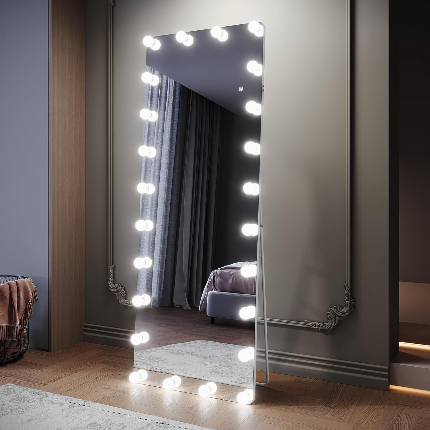 SIRHONA Specchio con piedistallo a LED, 160 x 60 cm, specchio a piena lunghezza con 3 colori, dimmerabile, memoria, porta USB, montaggio appendere o posizionare