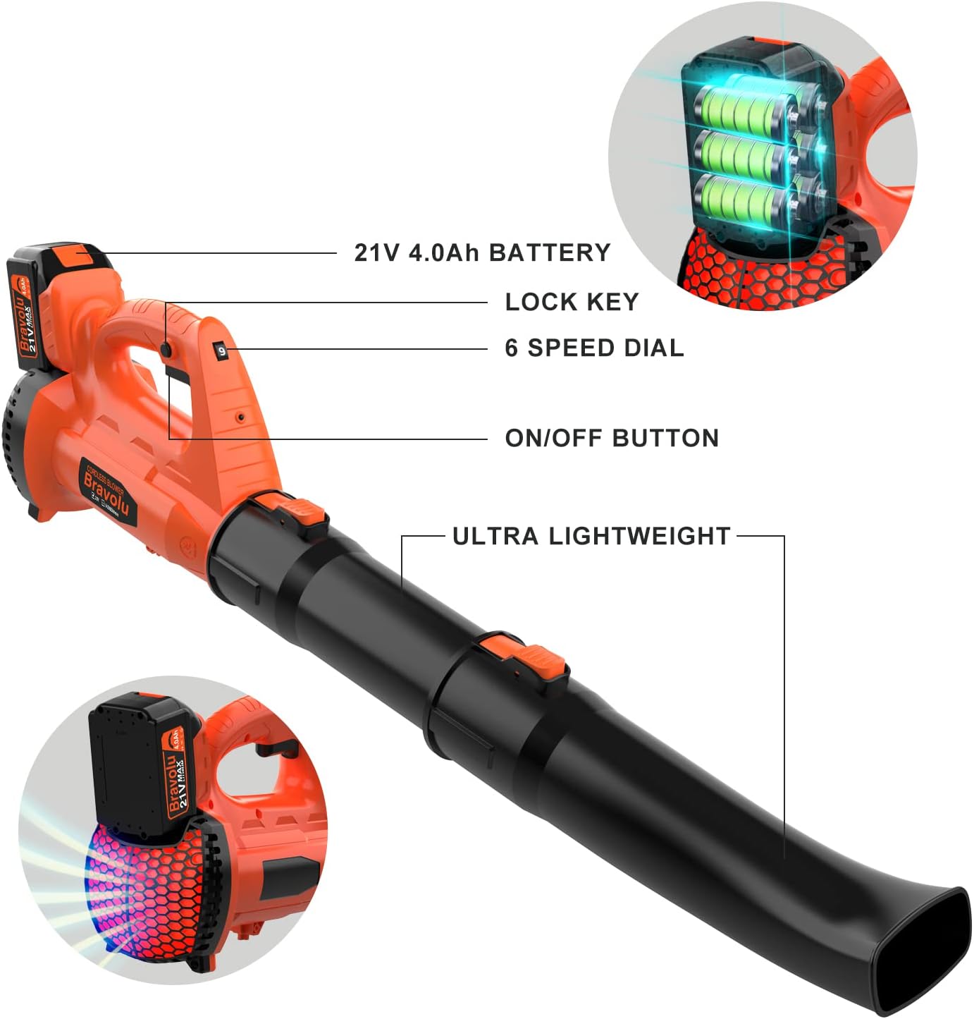 Battery Blower, Bravolu 21 V Electric Leaf Blower, with 4.0 Ah Battery and Charger, Max Adjustable Air Speed 240 km/h, 20000 RPM with 6 Adjustable Speeds, 2 Section Nozzles