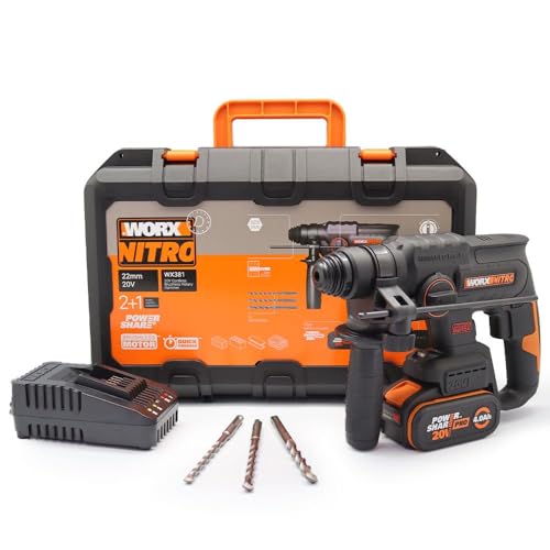 WORX Nitro WX381   Martello pneumatico senza spazzole da 20 V, per forare, trapano a percussione e scalpello, 2 Joule, con batteria e caricatore : Fai da te