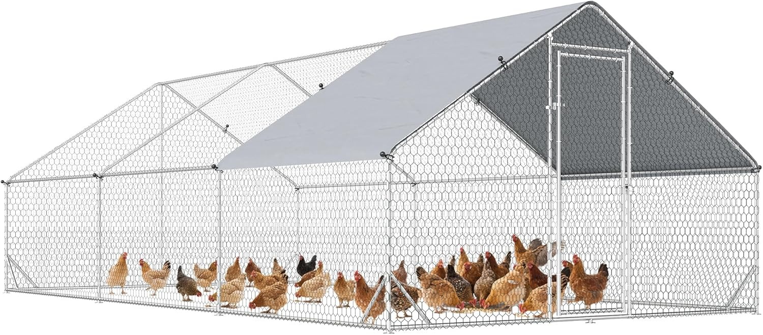 PawHut Pollaio da Esterno con Telaio Zincato e Rete Esagonale, Pollaio per Galline da Esterno con Copertura in Tessuto Impermeabile per 16-24 Polli, Anatre e Conigli, 3x8x2m
