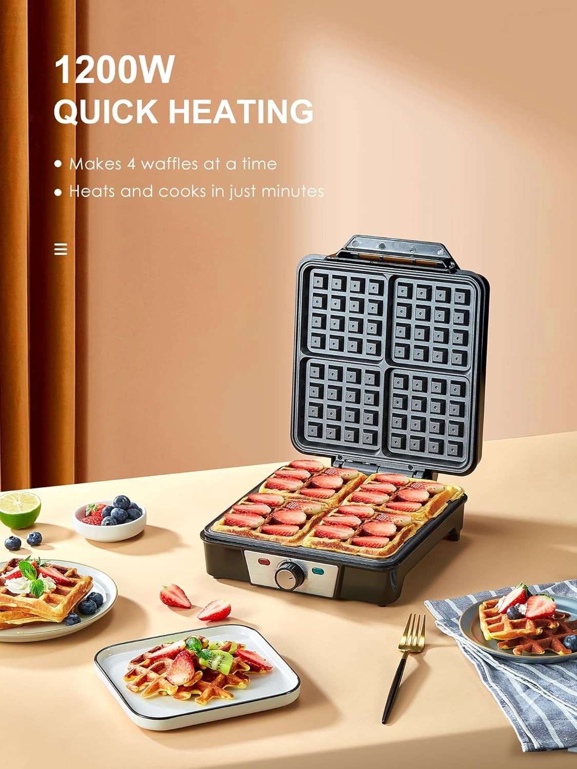 VINATO Waffle Maker, Macchina Waffle per 4 Waffel, 1200W Calore Rapido e Stabile, Piastra Waffle con Rivestimento Antiaderente Delle Piastre Riscaldanti, Regolazione Continua Della Temperatura