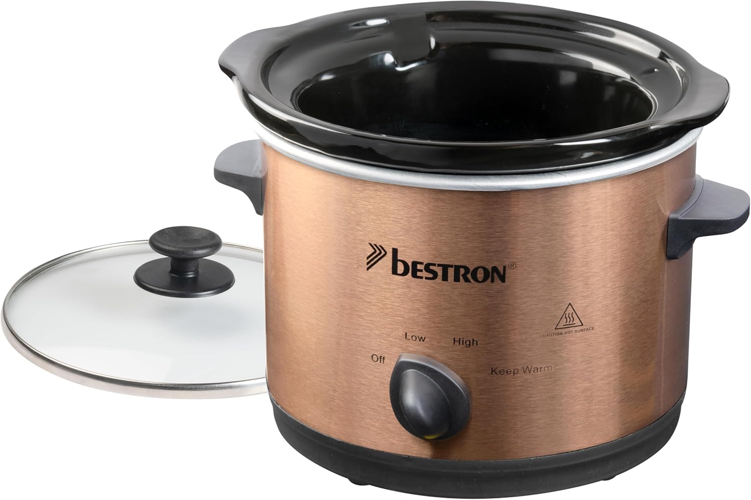 Bestron Slowcooker 2 Person Ceramic Pot and Glass Lid 3 Tier Thermostat Ideal for Many Dishes such as Meat, Soups and Vegetables, 1.5 Litres, Copper Collection