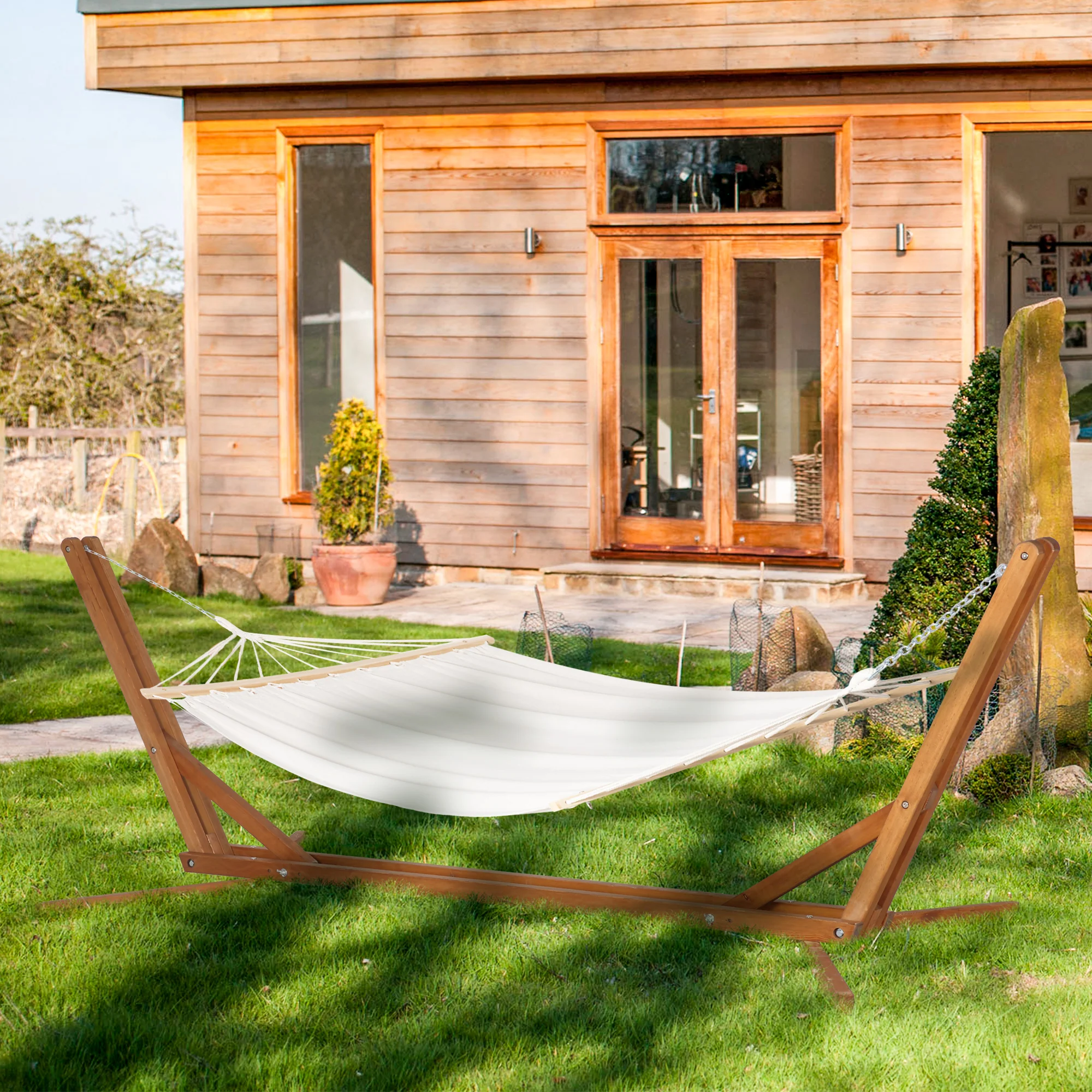 Easycomfort Supporto per Amaca Sospesa Regolabile su 3 Livelli, Pieghevole e Portatile, in Legno, 388x120x89 cm