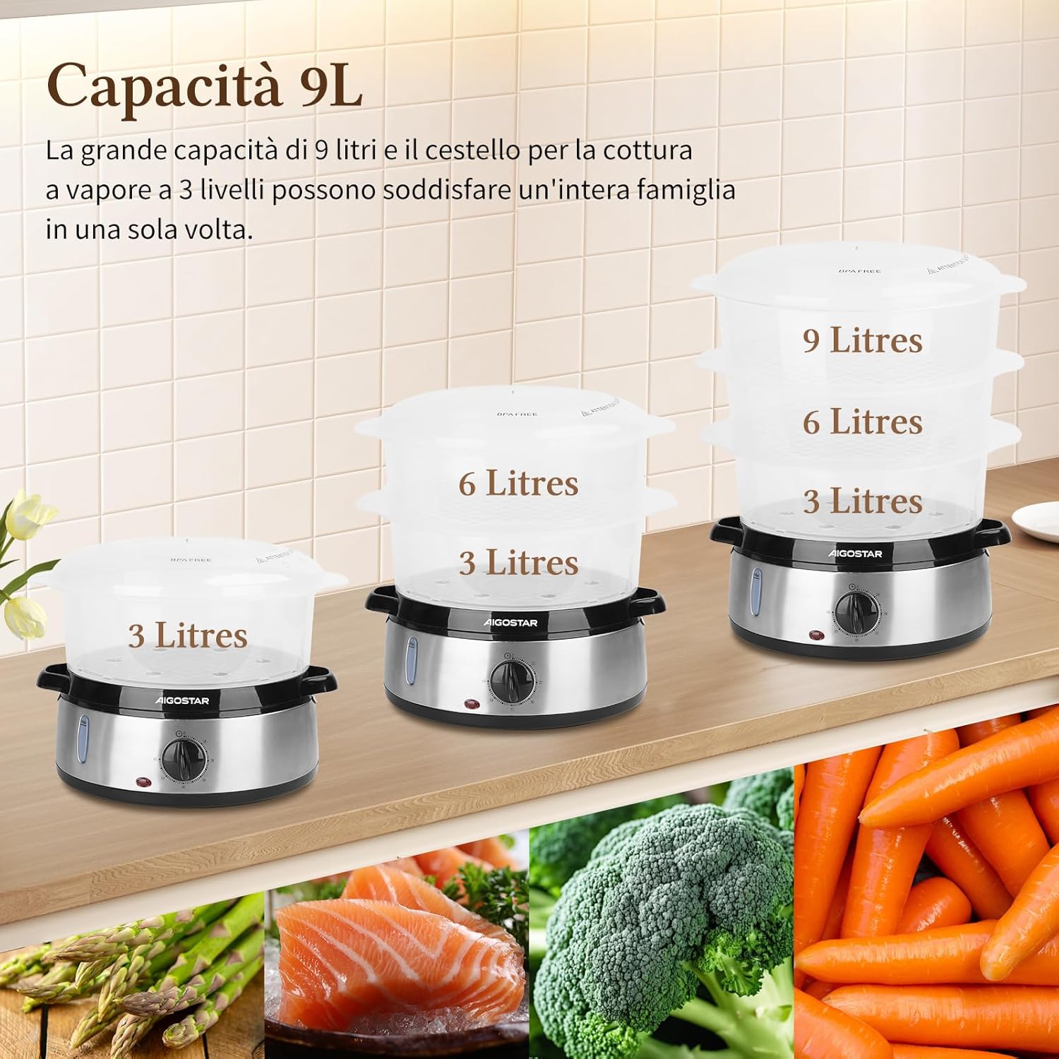 Aigostar Fitfoodie 30INA Stainless Steel Electric Steamer with Timer, 9 L Steamer, 3 Baskets, 800W, BPA Free Steam Ovens