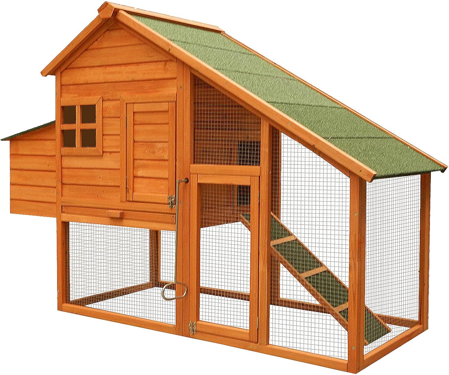 Pollaio con spazio esterno e nido, in abete, 1720x660x1200mm, griglia e vasca galvanizzate