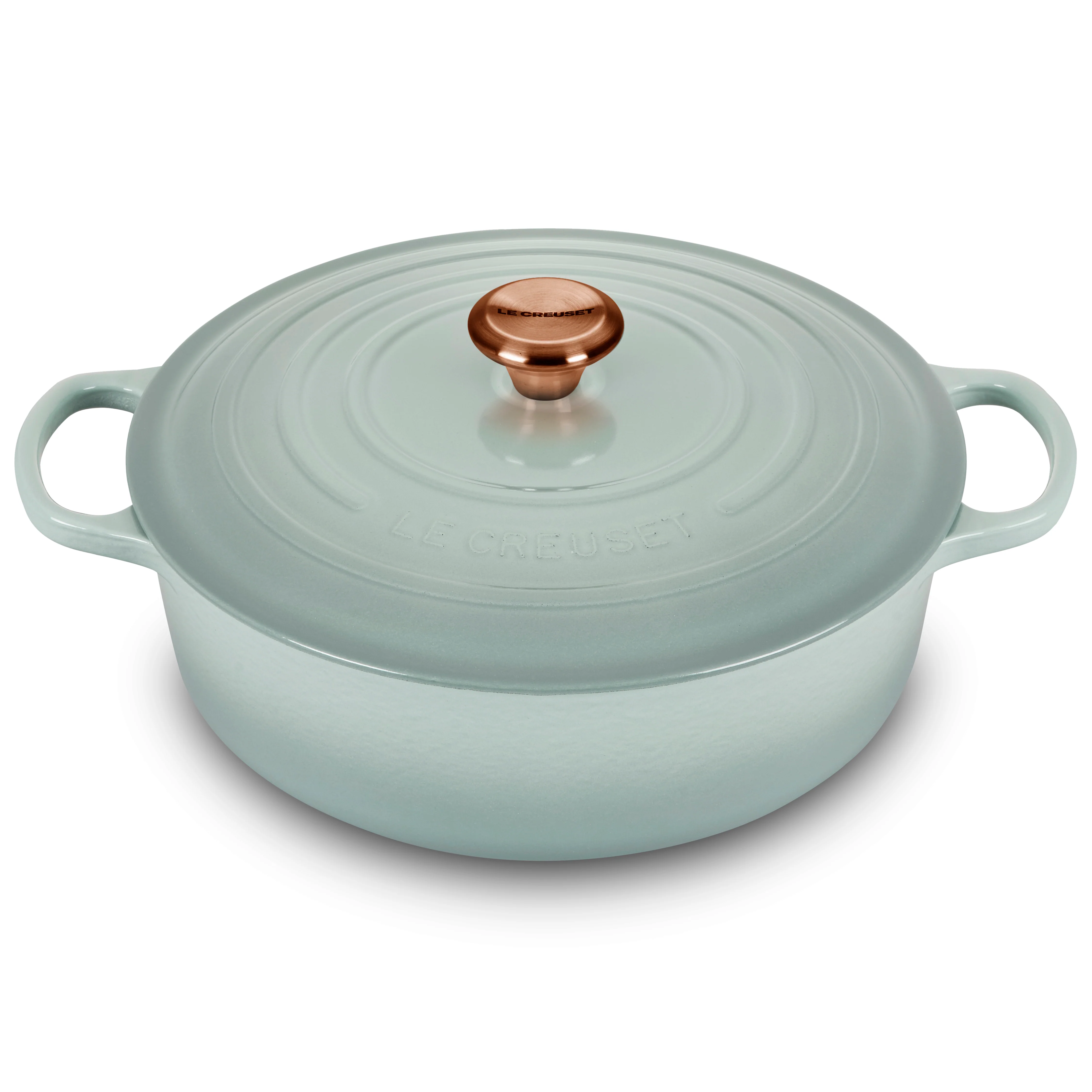 Le Creuset Signature – Forno Olandese Rotondo e Largo in Ghisa Smaltata da 6,75 qt, colore Sea Salt, con Pomello in Rame