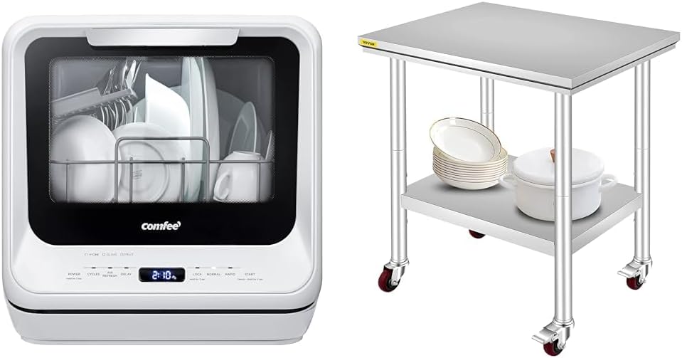 Lavastoviglie portatile da banco COMFEE con serbatoio dell'acqua integrato da 5 litri, nessun collegamento necessario, 6 programmi, doppio spruzzo a 360°, funzione di asciugatura ad aria e alta temperatura a 192°F, mini lavastoviglie per camper, bian