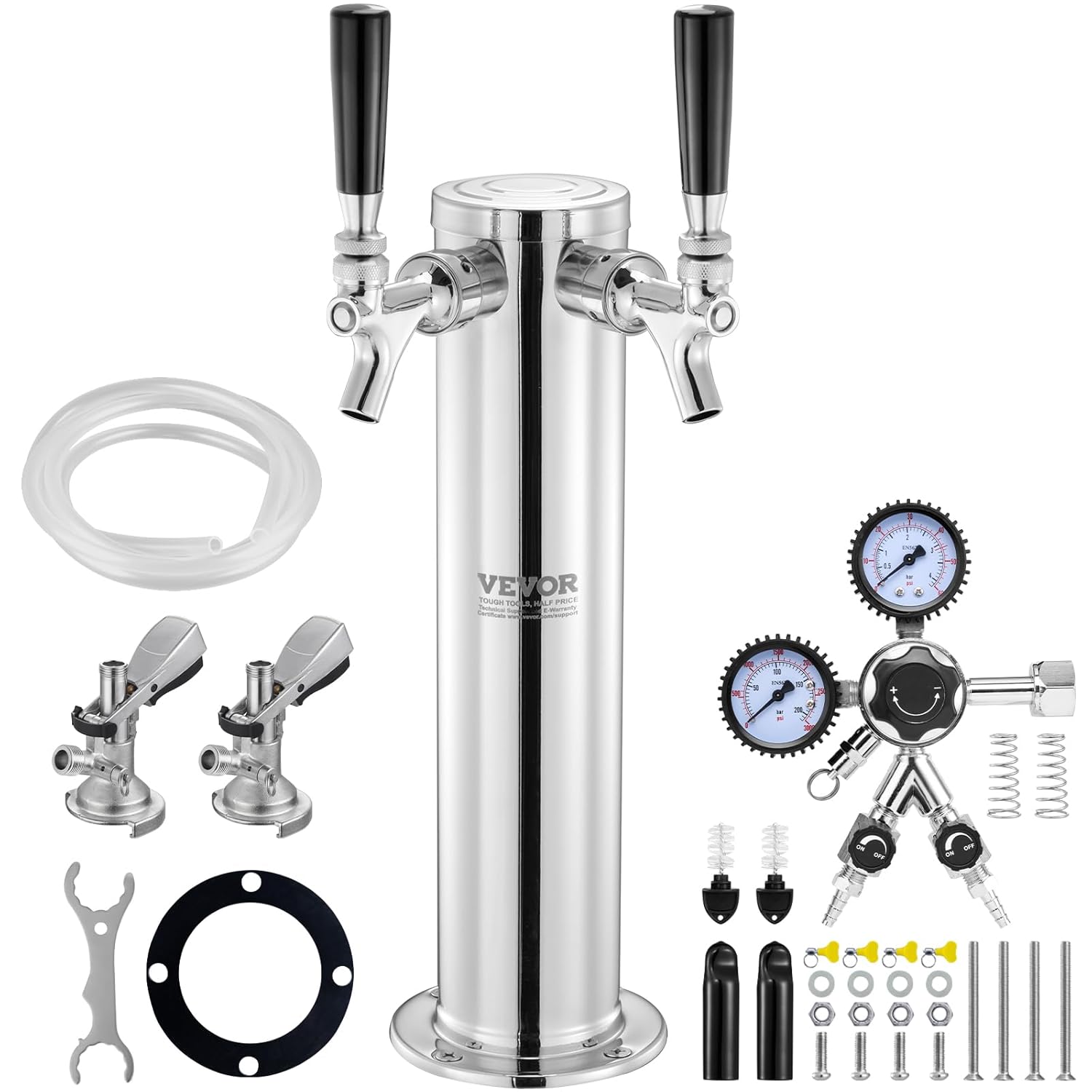 VEVOR Beer Column Spiller Kit with 2 Stainless Steel Taps, Beer Tap with Dual Pressure Regulator W21.8, Coupler for System A Kegs